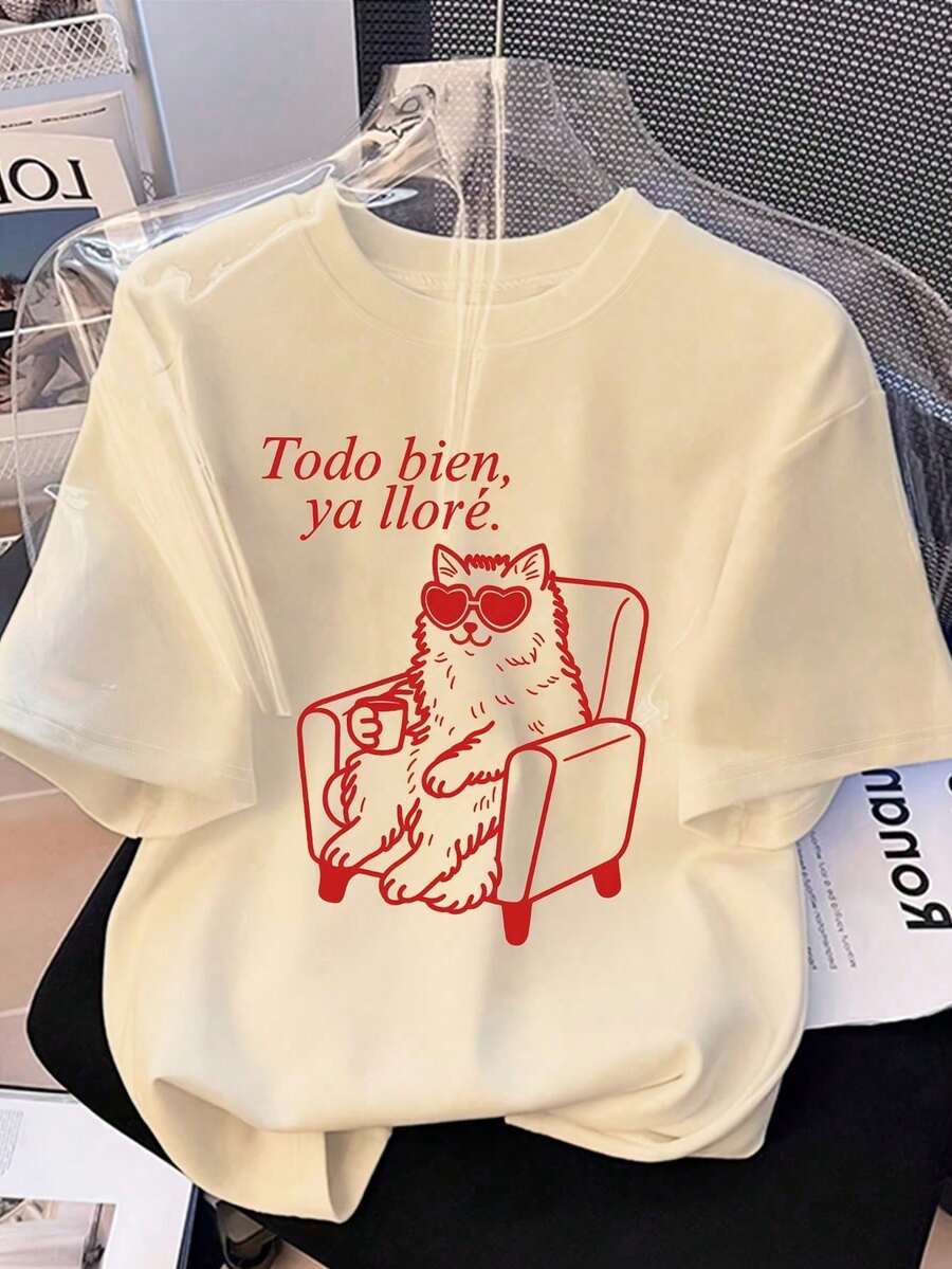 1packImpala Camiseta Casual de Manga Corta con Cuello Redondo para Mujer, con Estampado Gráfico de Gato 'Todo Bien Ya Ll playera de méxico tops - Albaricoque - Ver 1