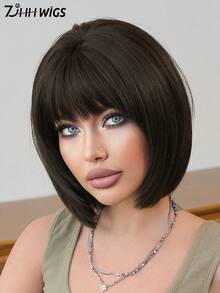 7JHH WIGS 深棕色短波波頭女用假髮,附瀏海,12英吋直髮合成纖維,免膠水耐熱纖維,逼真輕盈,適合日常與派對穿戴 - 深棕色 - 查看 2