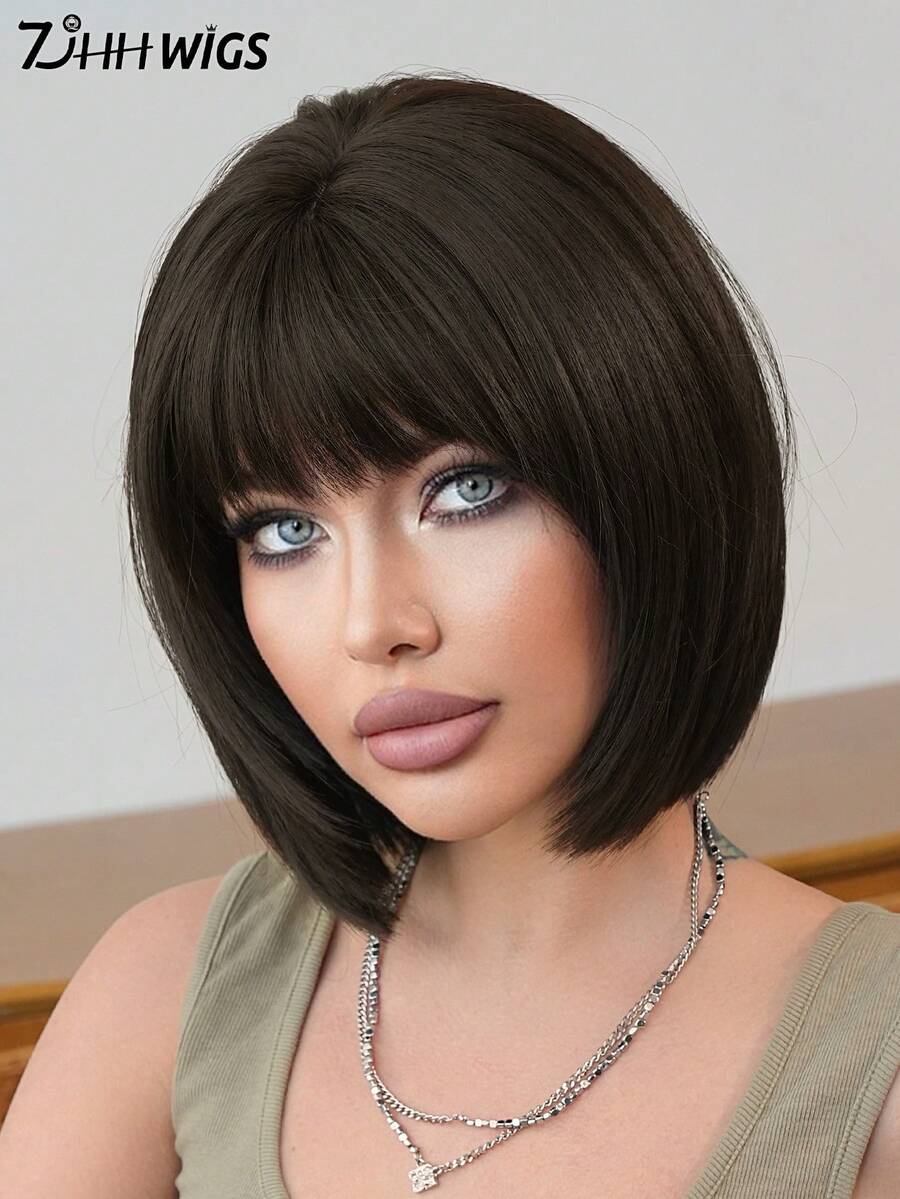 7JHH WIGS 深棕色短波波頭女用假髮，附瀏海，12英吋直髮合成纖維，免膠水耐熱纖維，逼真輕盈，適合日常與派對穿戴