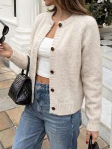 French Minimalist Solid Color Single-Breasted Knit Cardigan, New Beige Soft Slouchy Round Neck Long Sleeve Casual Autumn Sweater, Simple Versatile Knit Top - Apricot - View 5