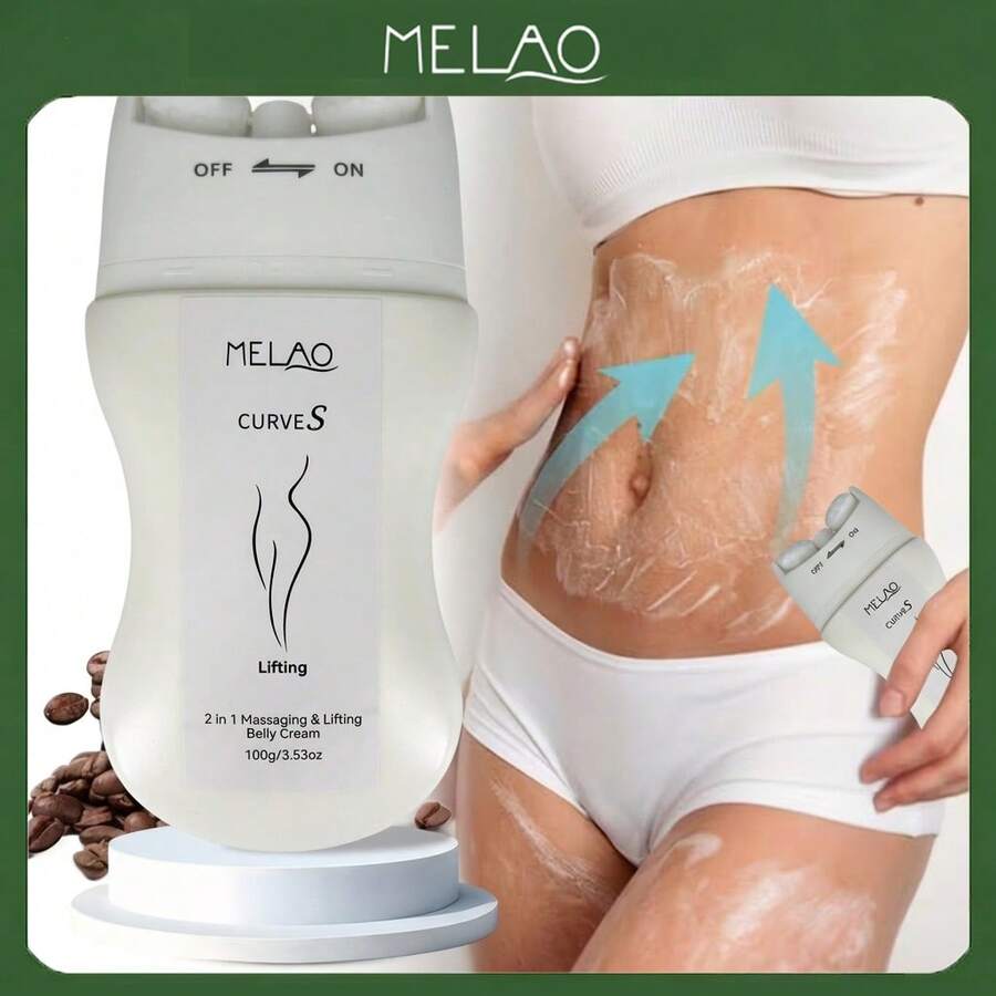 二合一腹部按摩器和提拉霜,MELAO CURVES 100克腹部提拉霜配按摩头,用于紧致腹部、提升肌肤、产后护理,带按摩头、开关模式、便携式设计 - 白色 - 查看 1