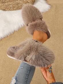 Fashionable Versatile Long Fur Faux Thermal Lined Warm Slippers With Buckle Closed Toe Non-Slip Sole For Indoor And Outdoor Wear - Khaki - View 2