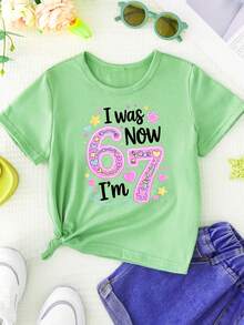 Creative And Sweet T-Shirt For Girls WML With Cartoon Print Of The Number 67 - Green - View 2