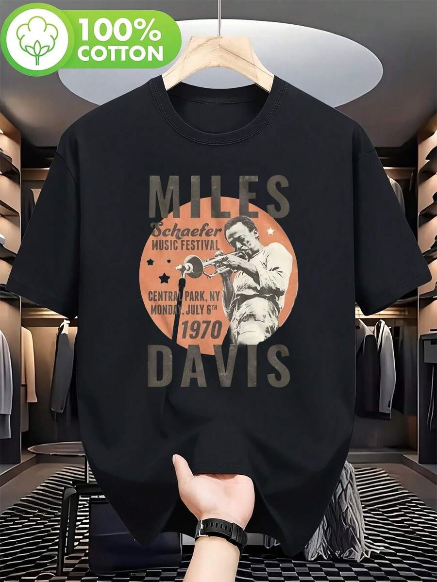 Vintage Miles Davis Concert T-Shirt From 1970 In Central Park - Beige Jazz Festival Themed T-Shirt With Miles And Trumpet Design, Made With Soft Fabric - 黑色 - 查看 1