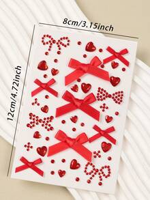 Red Bow Heart 3D Glitter Face Gems Y2K Self-Adhesive Rhinestones, DIY Concert Disco Party Shiny Face Decoration - Red - View 9