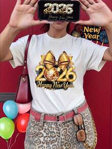dos y la frase "Feliz Año Nuevo", de manga corta y cuello redondo, ropa informal para fiestas, lavable a máquina, ropa para celebraciones navideñas, regalo para fiestas familiares 2026. FCV0 - Rojo - Ver 6