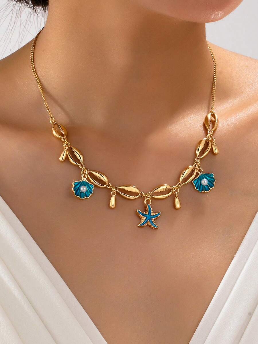 1pc Ocean Series Vacation Style Oil Drop Starfish Shell Pendant Necklace Women's Casual Clothing Accessory - Yellow Gold - View 1