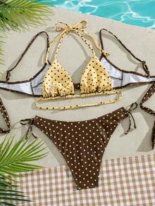 PEPPERMOLLY Ensemble de bikini sexy jaune-brun à pois sans dos pour femmes, maillot de bain trois pièces à la mode, tenue de plage d'été pour les vacances - brun jaunâtre - Voir 5