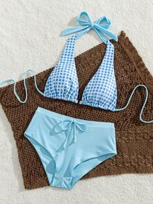 PEPPERMOLLY Women's Sexy Fashion Backless Halter Plaid Bikini Top With Solid Blue High Elasticity Shorts, 2-Piece Swimwear Vacation Summer Beach - Light Blue - View 4