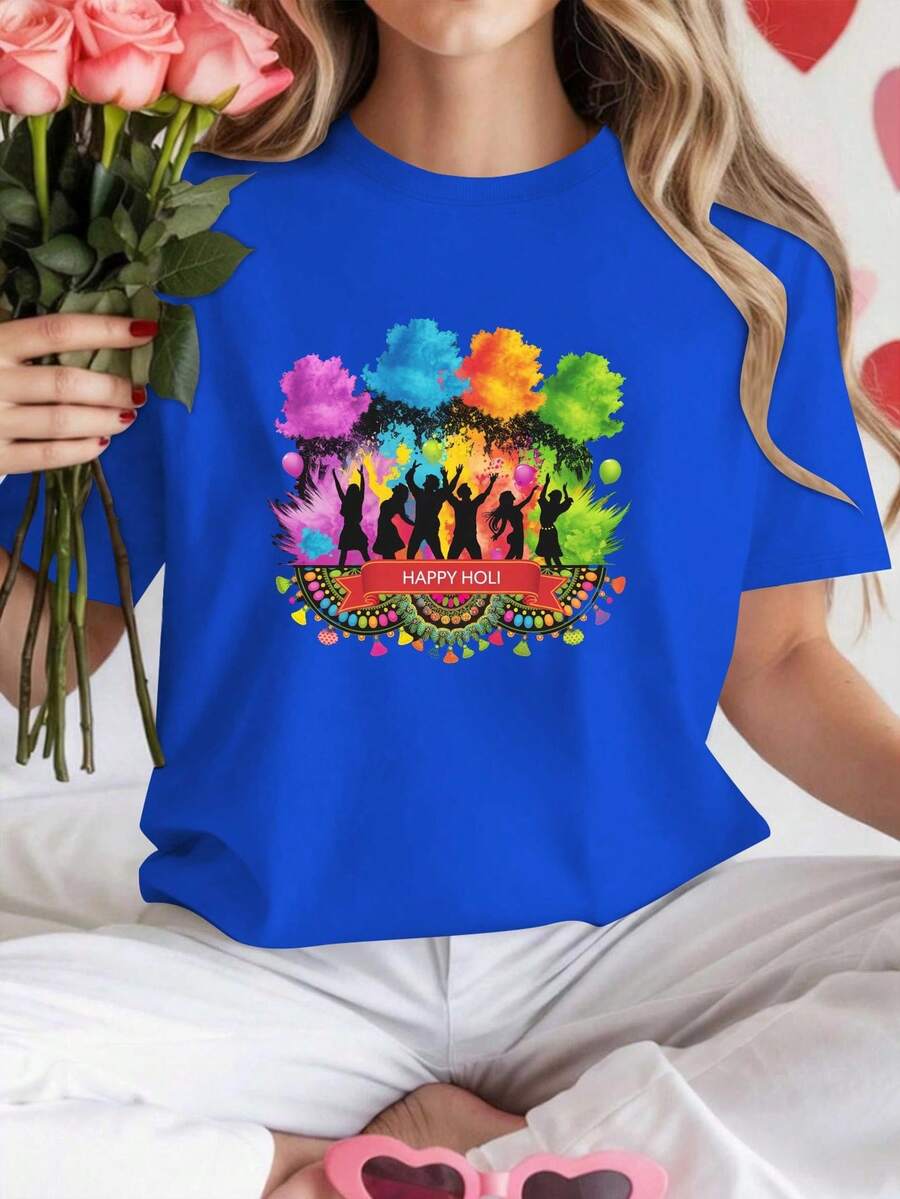 NEW Women's Pure Cotton T-Shirt With Dynamic And Colorful Holly Design, Comfortable Fit - Vintage Urban Style, Unisex Short Sleeve Crew Neck Loose Cotton T-Shirt - 藍色 - 查看 1