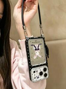 Sweet Style Star Rabbit Floral Phone Case Mirror Rabbit Card Slot Lanyard Anti-Drop Shell + Star Pendant Phone Case Compatible With Apple 13 14 15 15PRO 15PLUS 15PROMAX 16 16Pro 16Plus 16Promax IPhone17 IPhone17PRO IPhone17PROmax 18 18PRO 18PROMAX - Black - View 4