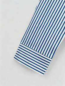 Kemeja Lengan Panjang Pria Motif Garis-Garis Geometris, Gaya Kasual Bisnis, Desain Fashion yang Dipersonalisasi, Potongan Ramping, Kain Tipis 100% Poliester, Atasan Kardigan Serbaguna untuk Perjalanan Sehari-hari - Baby Blue - View 5