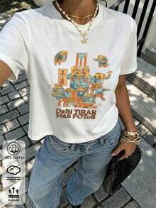 夏季新款圓領 DTMF 圖案修身落肩 T-shirt，度假旅行海灘穿搭 - 白色8 - 查看 4