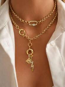 2 Buah Kalung Liontin Salib Petir Mata Setan Berlian dengan Gesper Ganda Emas, Set Kalung, Gaya Unik dan Mewah, Untuk Pesta Sehari-hari Wanita - Yellow Gold - View 3