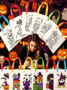 60/48/24/12pcs Halloween DIY Gift Bags, Graffiti Tote Bags, Various Pumpkin Graffiti Tote Bags, Witch Graffiti Tote Bags, With Colorful Handles, Atmosphere Creating Supplies, Holiday Photo Props, Suitable For Halloween Group Activities, Party Gift Packaging Bags - View 2