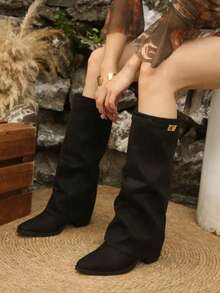 Women's Western Style Buckle Holiday Pointed Toe Tall Boots - Black - View 5