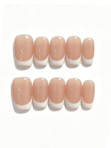 10pcs Handmade Short Almond-Shaped Pink Nail Stickers, Delicate Fairy-Like Pink Cat Eye White French Tip Minimalist Design, Suitable For Women And Girls For Spring, Summer, Autumn, Winter, Holidays, Parties, And Daily Use Nails Handmade Press On Nails - Pink - View 3
