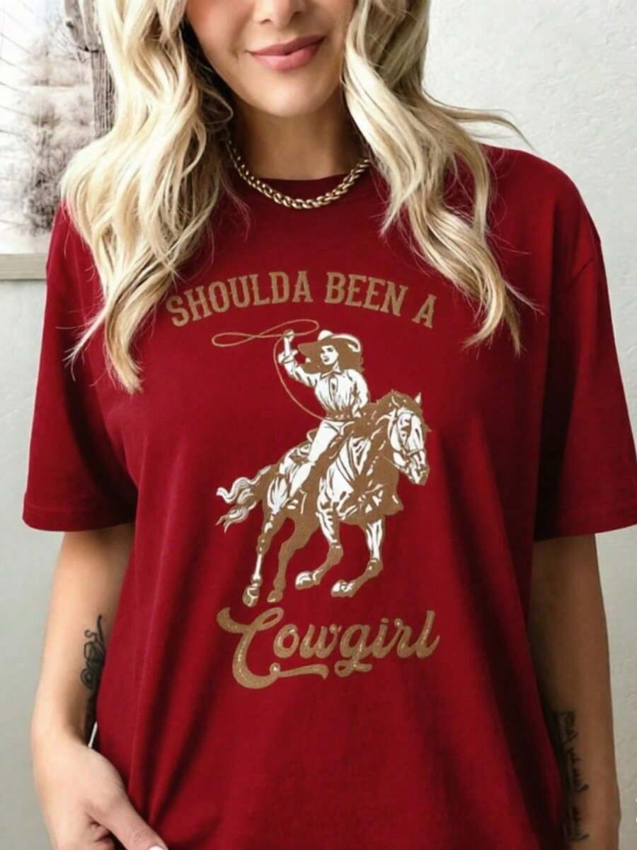 1 Pack Of Women's Clothing, Vintage Western Cowgirl Print, "Shoulda Been A Cowgirl Rodeo" Design, Casual Short-Sleeved Cotton T-Shirt, Summer Clothes. - 紅色 - 查看 1