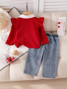 2pcs Setelan Blus Lengan Panjang 2 in 1 Gaya Preppy untuk Bayi Perempuan dengan Warna Kontras dan Aksen Pita, Dipadukan dengan Celana Jeans Lurus, Musim Gugur/Semi - Merah - View 3