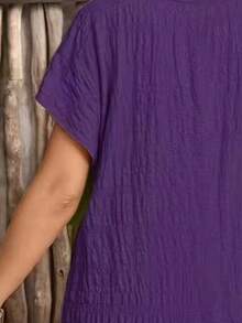 Große Größen V-Ausschnitt einfarbiges modisches vintage luftiges Kurzarm Kleid (Brustumfang) elegant für den Sommer - Violett - Übersicht 3