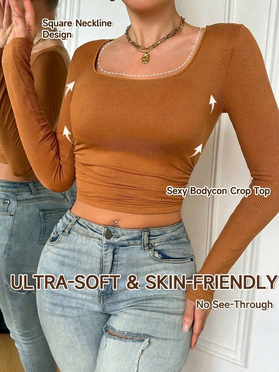 Women's Solid Color Undershirt, Long Sleeves, Square Neck, Minimalist And Comfortable - Brown - View 1