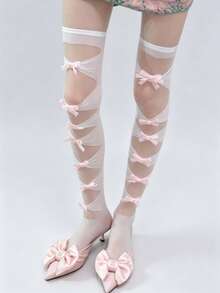 STAR RIVER 1 par de calcetines de red calados con lazo dulce hasta la rodilla, medias sexys Y2K/Goth/Lolita, vuelta al colegio. - Multicolor - Ver 13