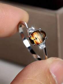 1pc Elegant Engagement Ring, Copper Plated Silver, Luxurious Design, Inlaid With Cubic Zirconia, Symbolizing Eternal Love, Suitable For Daily Wear And Wedding, Exquisite Valentine's Day Gift - Silver - View 3