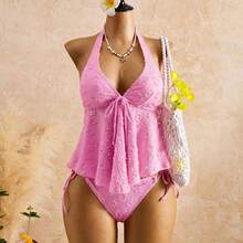 Conjunto de bikini de encaje con cuello halter y volantes para mujer: traje de baño de dos piezas favorecedor para aguas termales - Blanco - Ver 3
