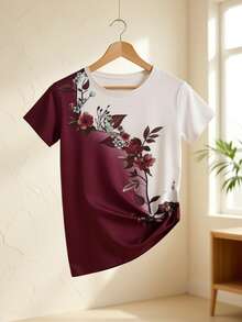 New Women's Short-Sleeved T-Shirt, European And American Style, With Round Neck, Floral Print, Color Block Design, Slim And Casual Fit. - Burgundy - View 4