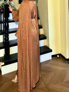 Shiny Elegant Pleated Cloak Robe, Fashion Reflective Fabric Evening Dress Fall - Brown - View 5