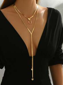 Minimalist Summer Necklace For Women, Double-Layer Y-Shaped, Personalized And Fashionable Snake Bone Chain, Asymmetrical Heart Pendant With Geometric Disc Texture, C - 金色 - 查看 1
