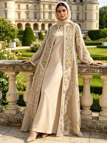 Solessence 2 Pieces Women's Sequin Beads Embroidery Muslim Abaya Set, Loose Fit Islamic Clothing Dubai Style Abaya Kaftan For Eid Elegant Fall - Apricot - View 4