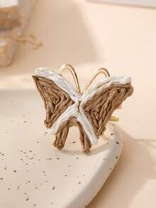 1pc Maillard Color-Block Raffia Butterfly Open Ring, 3D Woven Heart-Shaped Double-Band Ring, Bohemian Vacation Style For Girls, Suitable For Beach Holiday, Campus Daily, Spring/Summer Picnic, Best Friend Travel Photography, Gentle Date Outfit, Autumn Maillard Style, Music Festival Look, Birthday/Valentine's Day Niche Gift, Mori Style Photoshoot - Multicolor - View 7