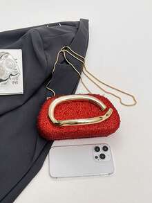 Women's Rhinestone Rounded Rectangular Evening Clutch Bag, Curved Oval Front Handle Handbag, Fashionable Crossbody Bag, Suitable For Wedding, Ball, Valentine's Day Party - Red - View 8