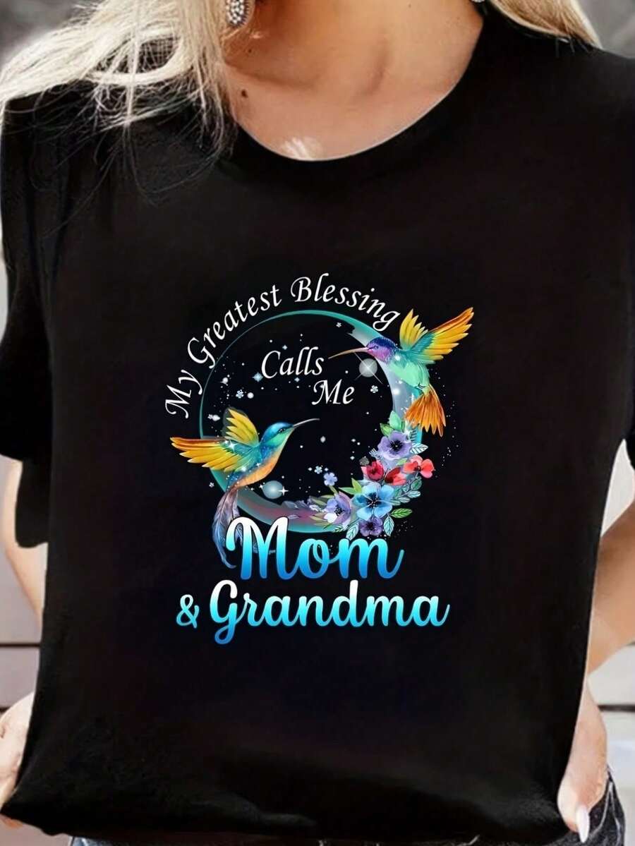 Women's Round Neck T-Shirt "My Greatest Blessing Calls Me Mom And Grandma" With That Cute Slogan, Perfect For Family Gatherings, Casual Style, 100% Cotton. - 黑色 - 查看 1