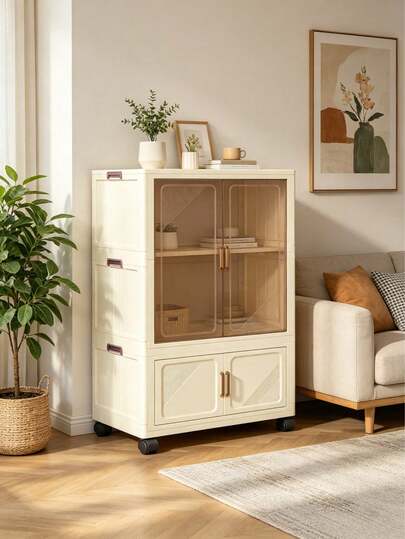 Foldable Storage Cabinet With Wheels, Featuring Transparent Dustproof Layered Design. It Offers Large Capacity And Easy Mobility, Requires No Assembly, And Makes Organizing Clothes And Sundries At Home Effortless.
