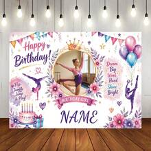 Customizable Name Photo Age Gymnastics Girl & Ballerina Theme Happy Birthday Watercolor Gymnastics Pose Silhouette, Triangle Bunting, Balloons, Floral Cake Elements, Encouraging Slogan Matching Gymnastics Dream Theme, Suitable For Gymnastics & Ballet Girl Birthday Party, Training Team Celebration, Sports Theme Photo Backdrop Vinyl Banner - Multicolor - View 14