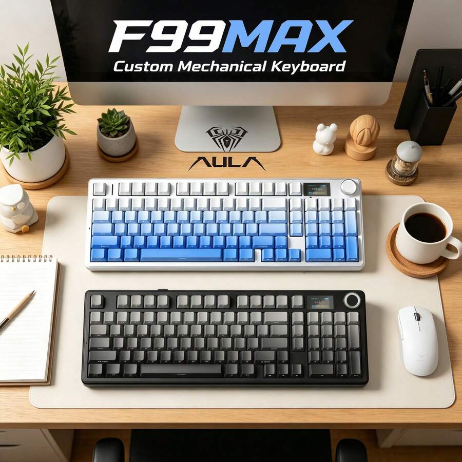 AULA F99 Max Mechanical Keyboard With Smart LCD Display, Tri-Mode 2.4G/Bluetooth/Wired Connection, Hot-Swappable Gasket Structure PBT Keycaps RGB Backlit Gaming Keyboard
