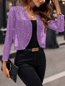 Women's Glitter Sequin Cardigan Jacket, Pleated Fabric With Gold Foil, 3/4 Sleeves, Business Casual For Women - 紫色 - 查看 4