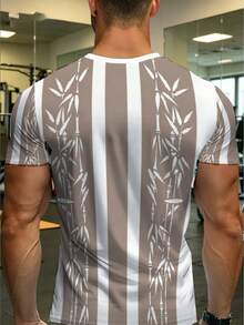 Camiseta con estampado de hojas de rayón de bambú - Camiseta transpirable de manga corta y cuello redondo con tejido de rayón de bambú y poliéster de cuerpo completo, adecuada para gimnasio, - Negro - Ver 2