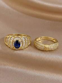 Conjunto de Anéis Empilháveis Banhados a Ouro 18K com Safira e Zircônia Pavê, Anel Aberto Ajustável Resistente ao Desbotamento, Joias Elegantes Femininas, Adequado para Uso Diário, Casamento e Ocasiões de Festa - Multicolor E - Visão 1