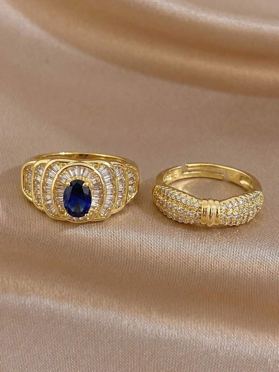 Conjunto de Anéis Empilháveis Banhados a Ouro 18K com Safira e Zircônia Pavê, Anel Aberto Ajustável Resistente ao Desbotamento, Joias Elegantes Femininas, Adequado para Uso Diário, Casamento e Ocasiões de Festa - Multicolor E - Visão 1