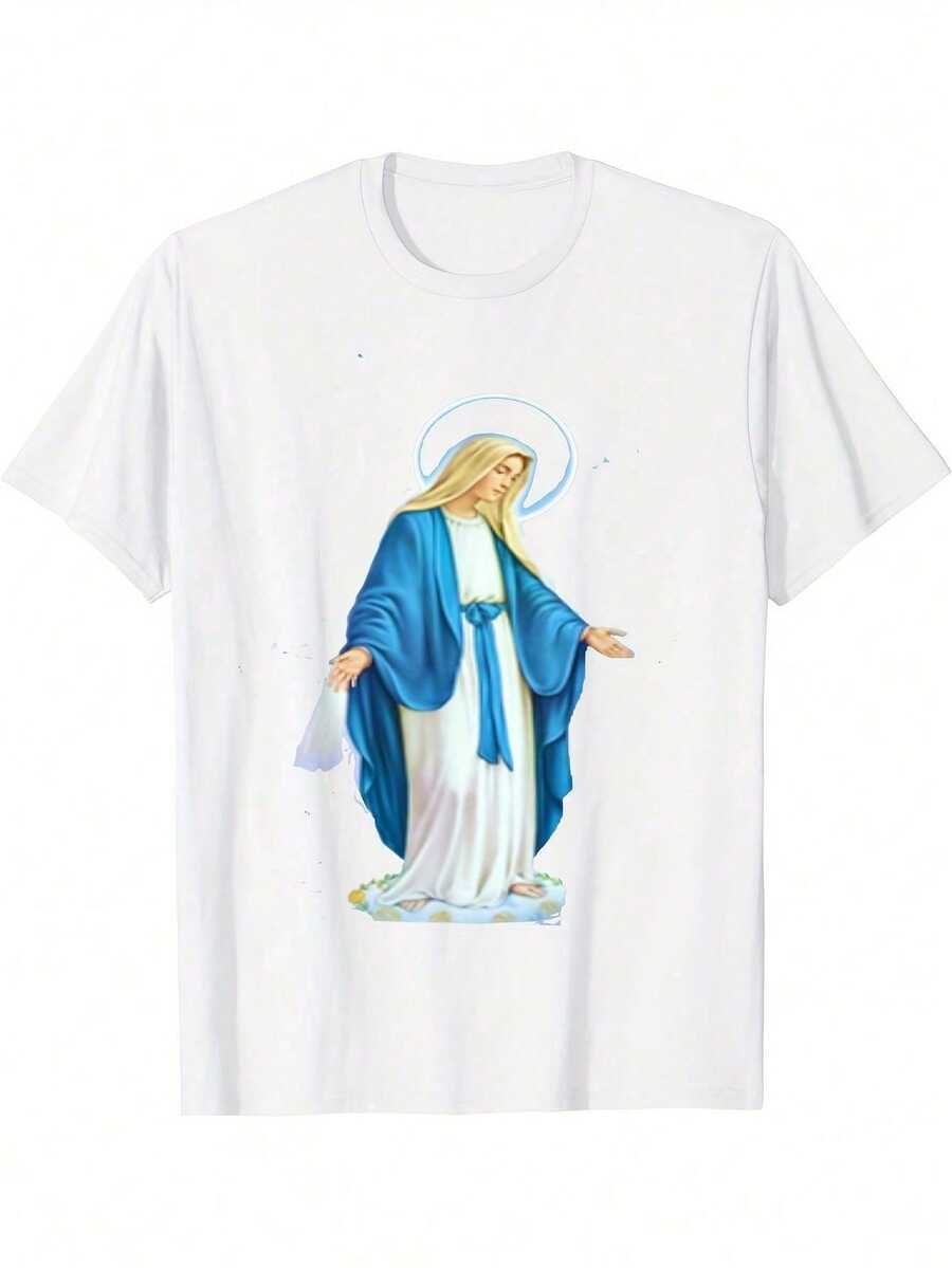 Religious T-Shirt Of The Virgin Mary, Mother Of Jesus - Soft And Breathable Cotton T-Shirt With Crew Neck And Virgin Mary Prayer Graphic - Lightweight Christian Clothing - 白色 - 查看 1