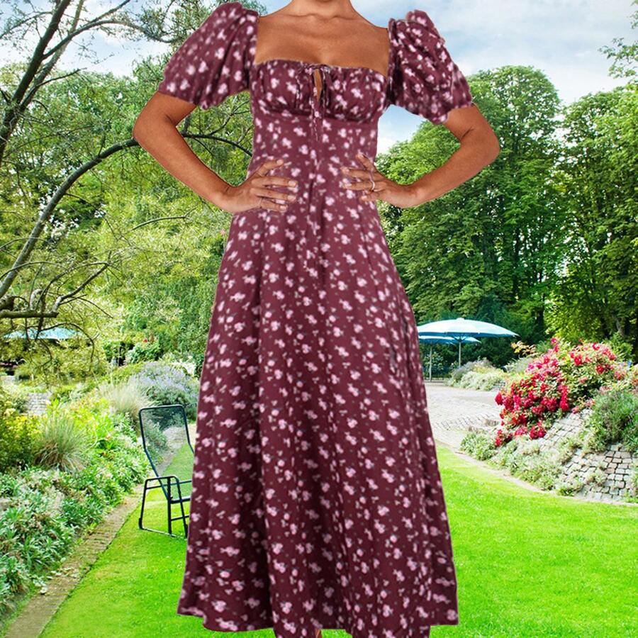 European And American Women's Fashion 2023, New Style, Fresh Floral Print Strappy Dress, Slim Fit And Side Slit For Women, Summer And Autumn - 酒紅色 - 查看 1