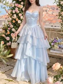 優雅淺藍色荷葉邊分層晚禮服 義大利麵肩帶緞面正式派對中長洋裝 女款無袖休閒復古浪漫婚禮禮服 - 淺藍色 - 查看 3