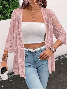 Plus Size Long Cardigan For Women With Lace Front Placket. - Pink - View 3