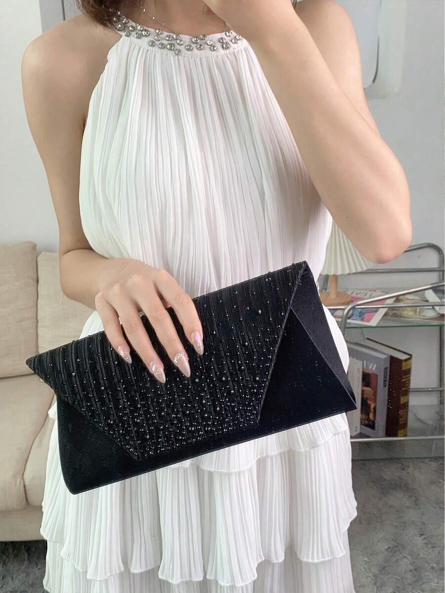 Bolso de Hombro con Cadena Elegante y Brillante, Decorado con Pedrería, Cierre Magnético, Bolso de Mano Elegante y a la Moda para Fiestas de Cumpleaños de Mujeres, Encantador Bolso de Noche - Negro - Ver 1