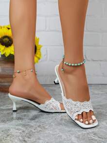 New Fashion White Open Toe Mesh Summer Kitten Heel Square Toe Sandals, Minimalist Versatile Women's Dress Sandals, Square Toe Elegant High Heel Slippers Sandals, Women's High Heels, Women's White High Heels - White - View 6