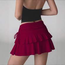 Falda de Pastel Elegante para Mujer, Estilo Europeo y Americano, Versátil, con Diseño de Cordón Ajustable, Sensación de Alta Gama - Burdeos - Ver 3