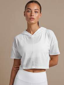 Women's Lightweight Short Sleeve Hooded Backless Batwing Short Sports Top, Yoga Fitness Running Workout T-Shirt - White - View 7